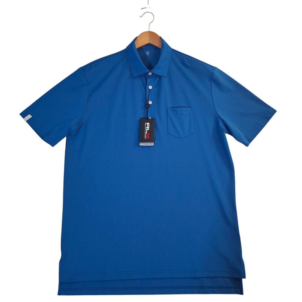 RLX Ralph Lauren Mens Blue Performance Golf Polo Shirt Large Pocket Wicking NEW